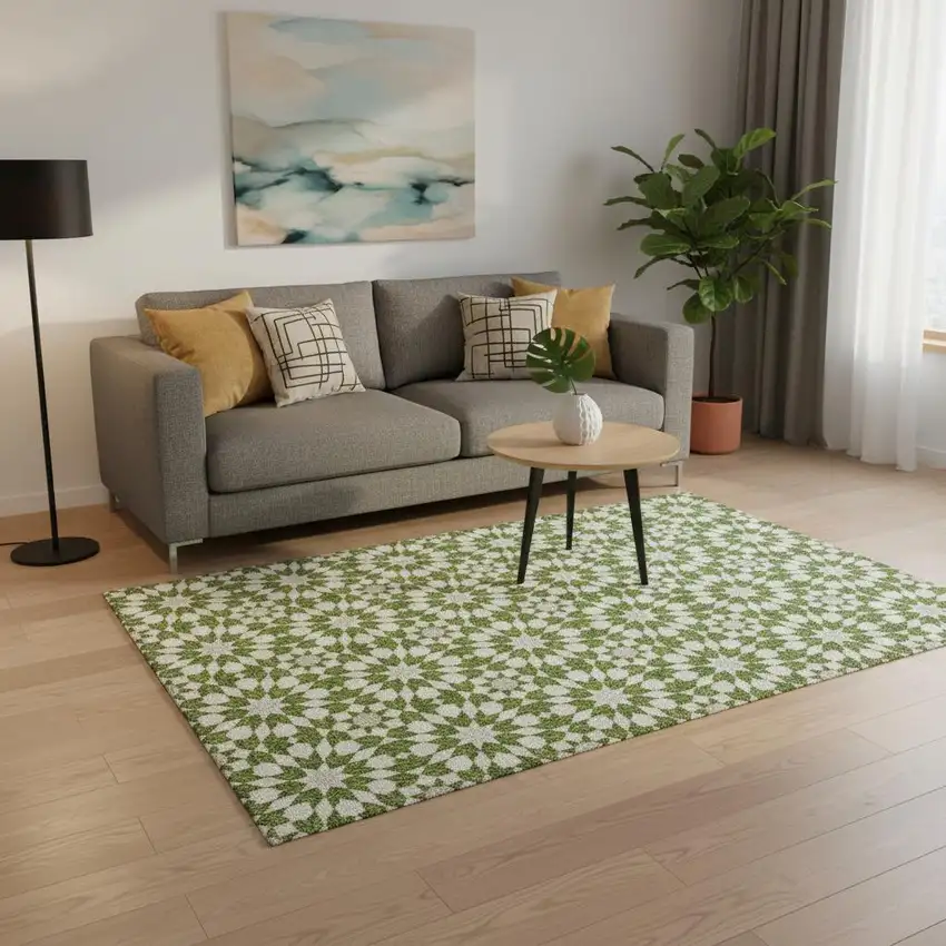 Lime Green And Ivory Geometric Washable Area Rug With UV Protection Photo 2