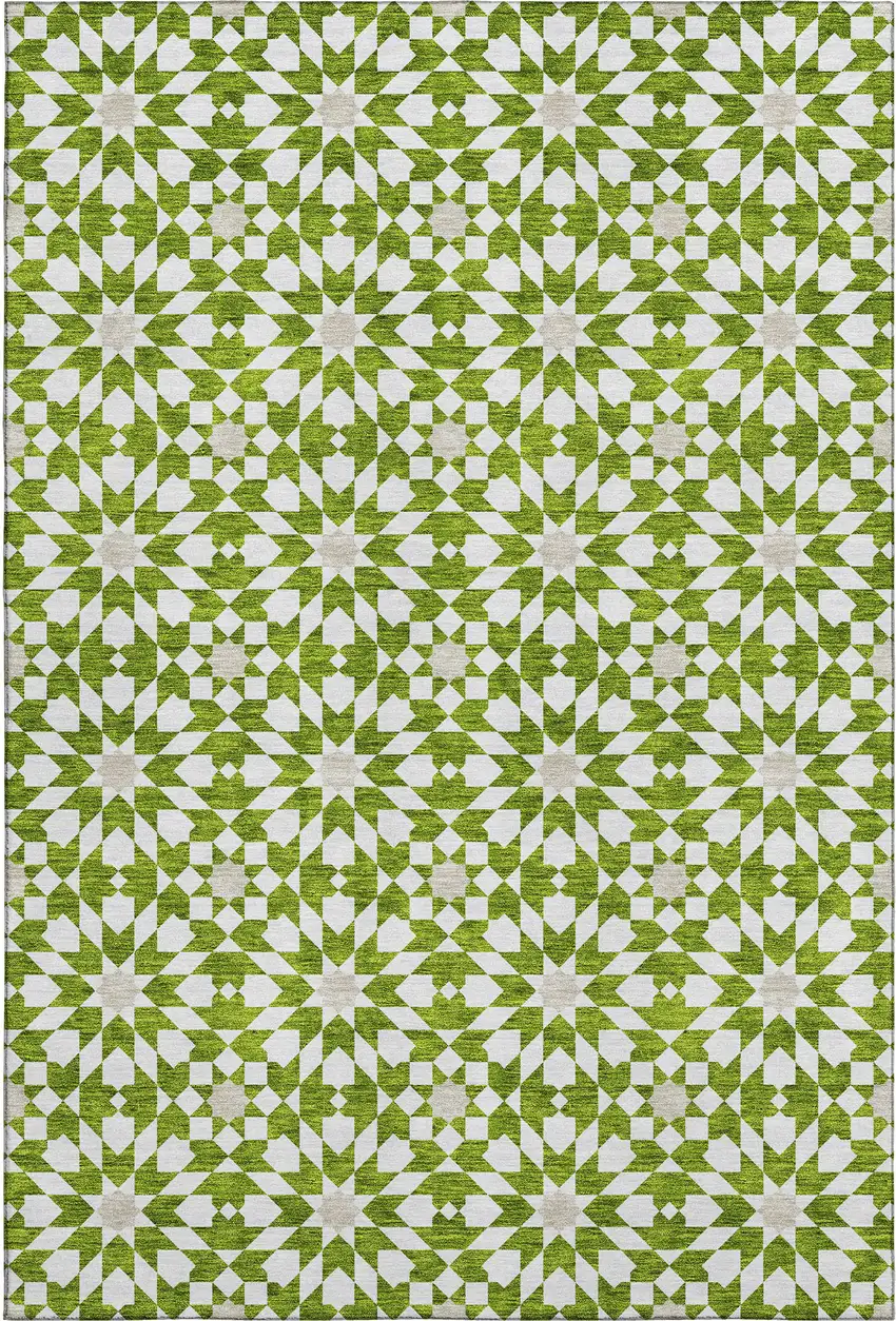Lime Green And Ivory Geometric Washable Area Rug With UV Protection Photo 1