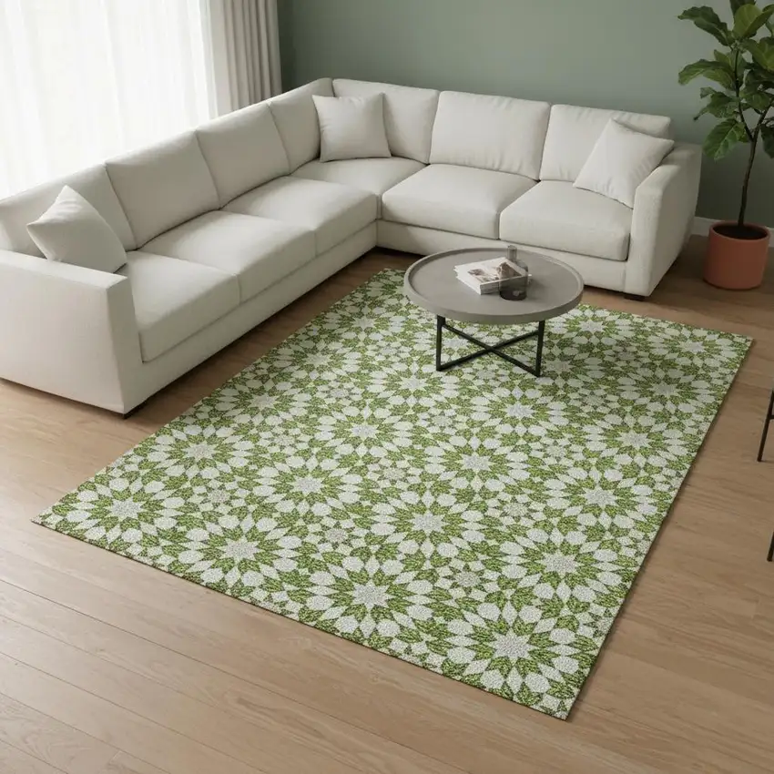 Lime Green And Ivory Geometric Washable Area Rug With UV Protection Photo 2