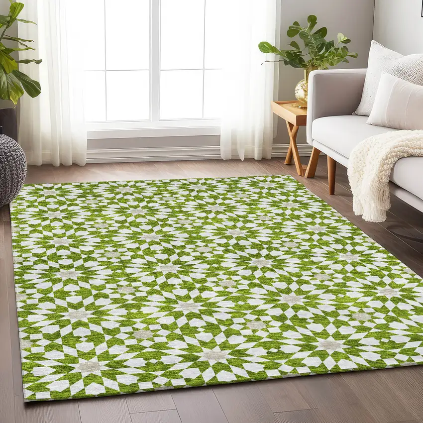 Lime Green And Ivory Geometric Washable Area Rug With UV Protection Photo 5