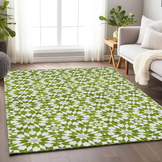 Lime Green And Ivory Geometric Washable Area Rug With UV Protection Photo 5