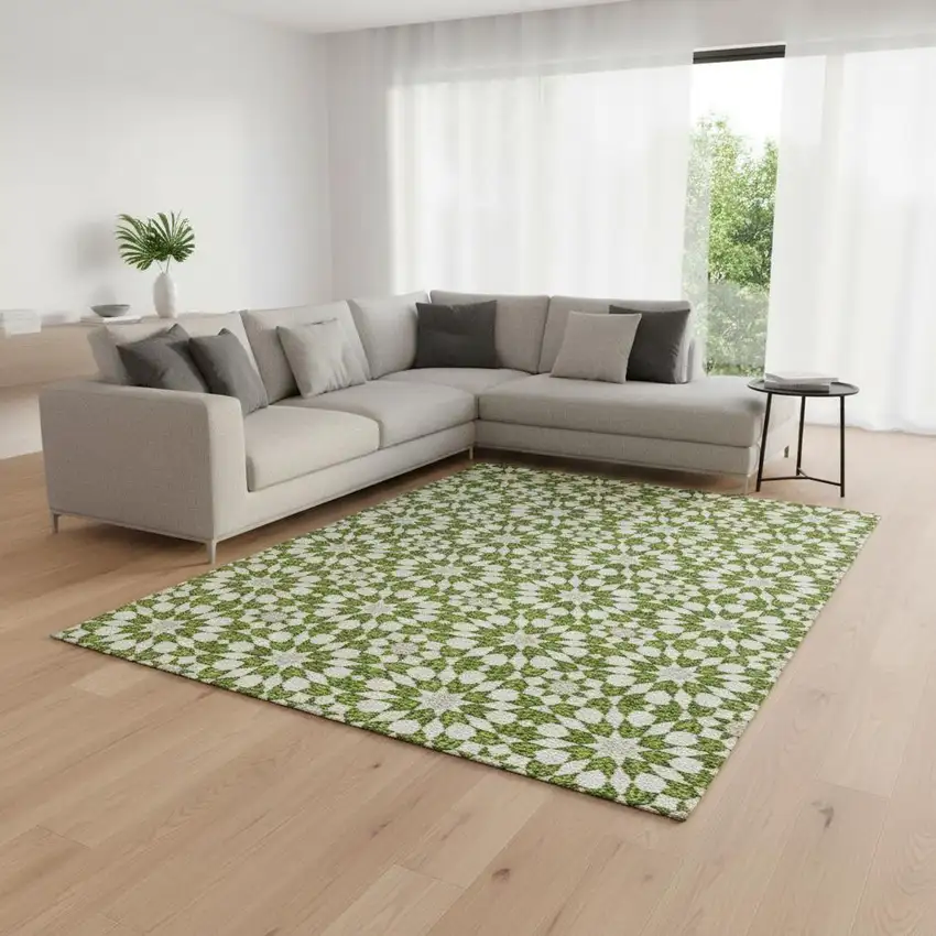 Lime Green And Ivory Geometric Washable Area Rug With UV Protection Photo 2