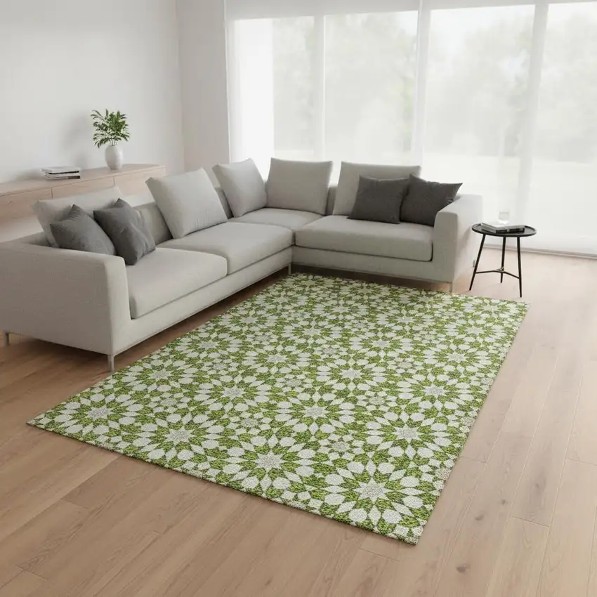 Lime Green And Ivory Geometric Washable Area Rug With UV Protection Photo 2