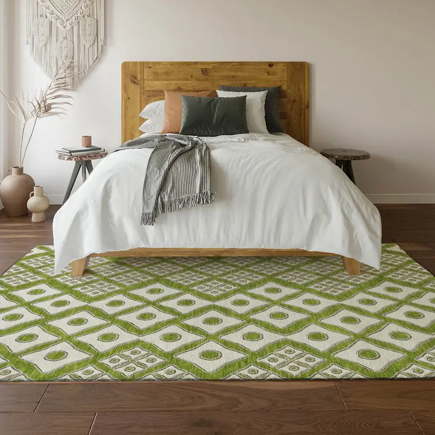 Lime Green And Ivory Geometric Washable Area Rug With UV Protection Photo 7