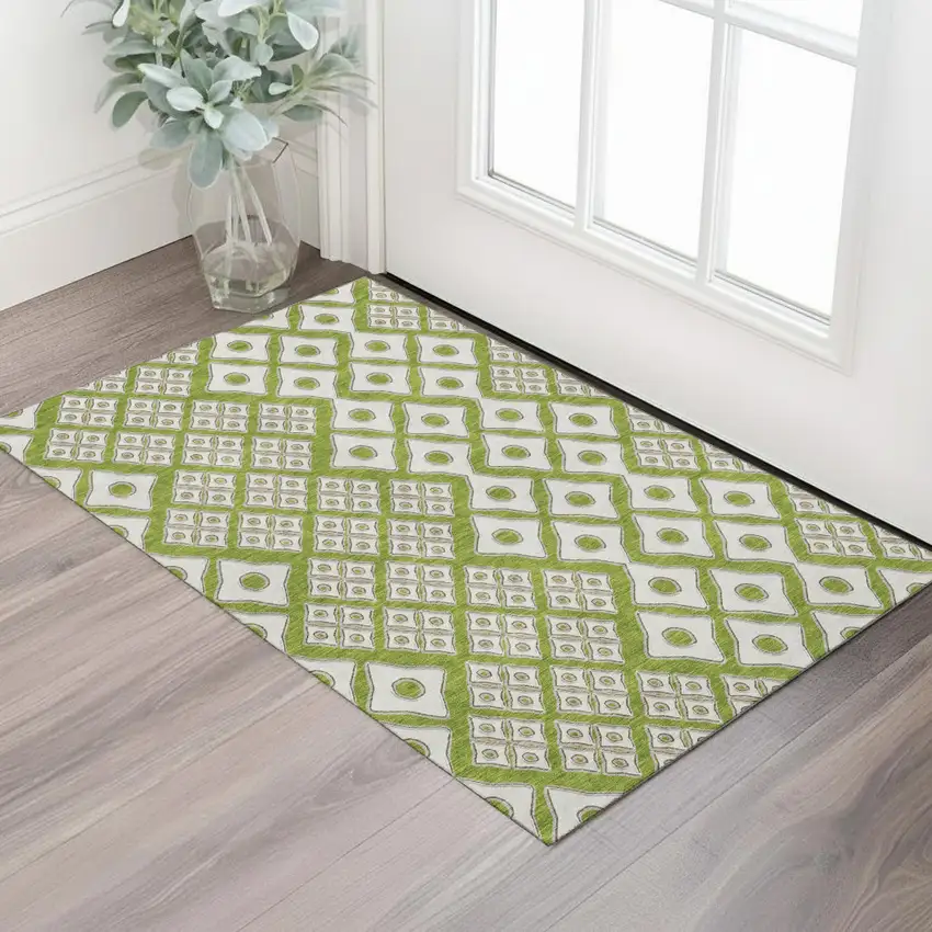 Lime Green And Ivory Geometric Washable Area Rug With UV Protection Photo 1