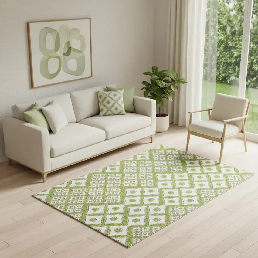 Lime Green And Ivory Geometric Washable Area Rug With UV Protection Photo 1