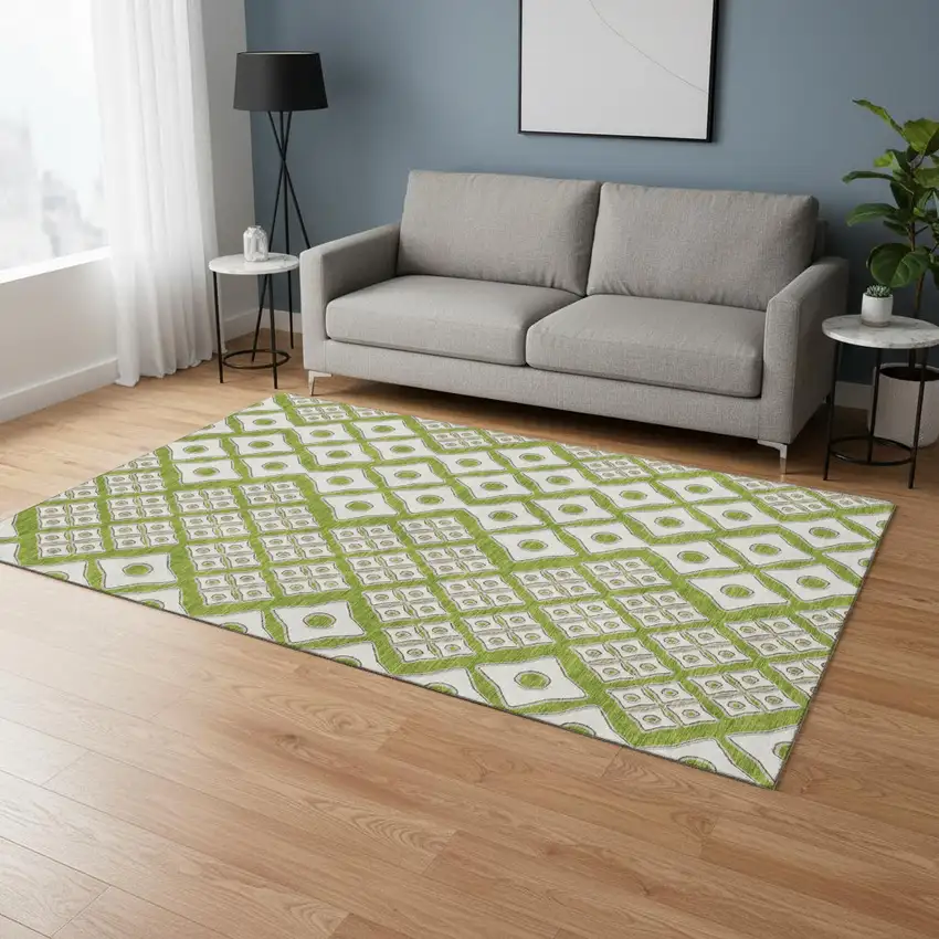 Lime Green And Ivory Geometric Washable Area Rug With UV Protection Photo 1