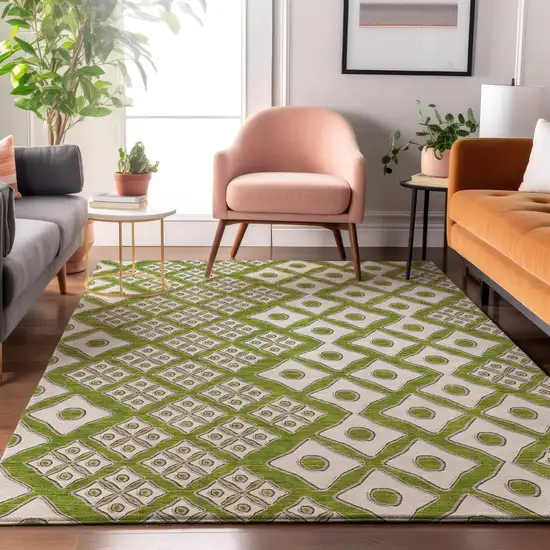 Lime Green And Ivory Geometric Washable Area Rug With UV Protection Photo 6