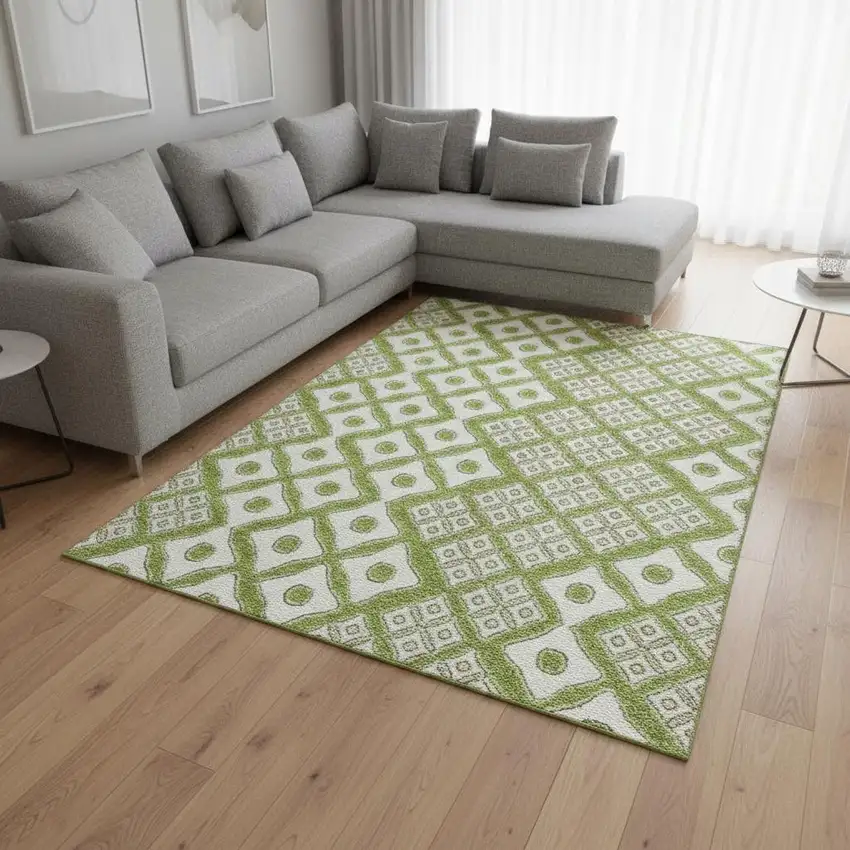 Lime Green And Ivory Geometric Washable Area Rug With UV Protection Photo 1