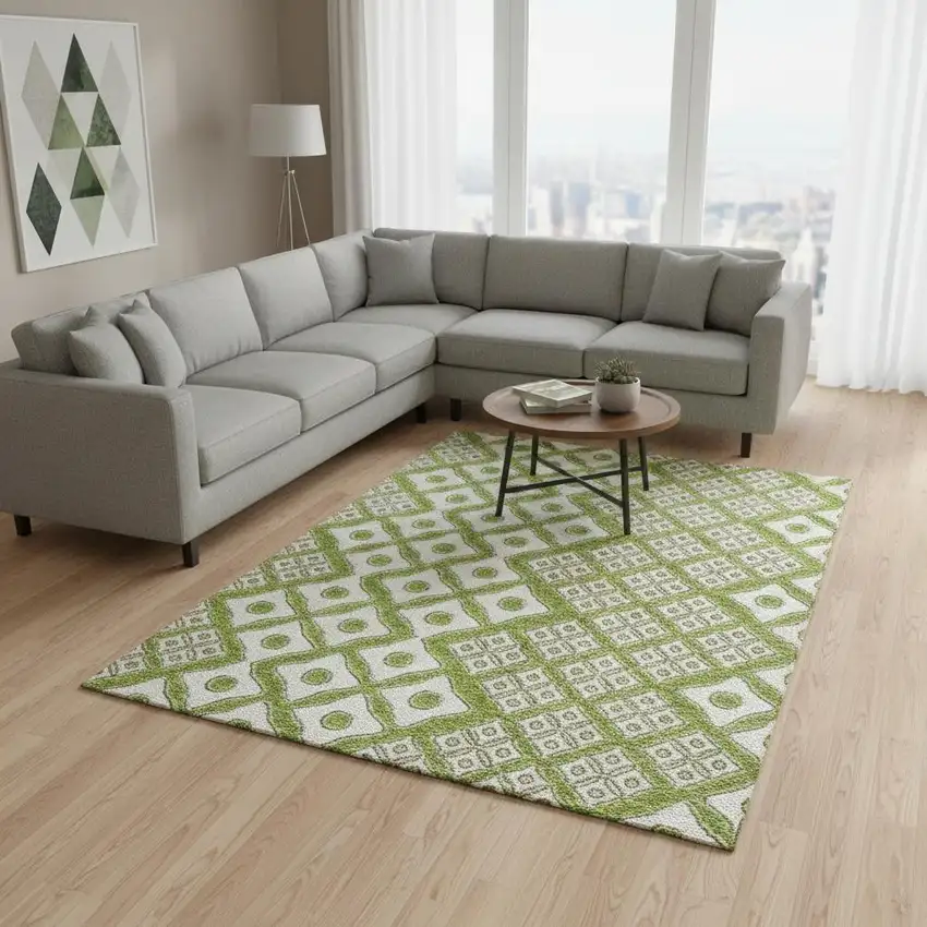 Lime Green And Ivory Geometric Washable Area Rug With UV Protection Photo 1