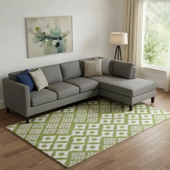 Lime Green And Ivory Geometric Washable Area Rug With UV Protection Photo 1