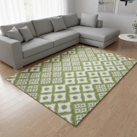 Lime Green And Ivory Geometric Washable Area Rug With UV Protection Photo 1
