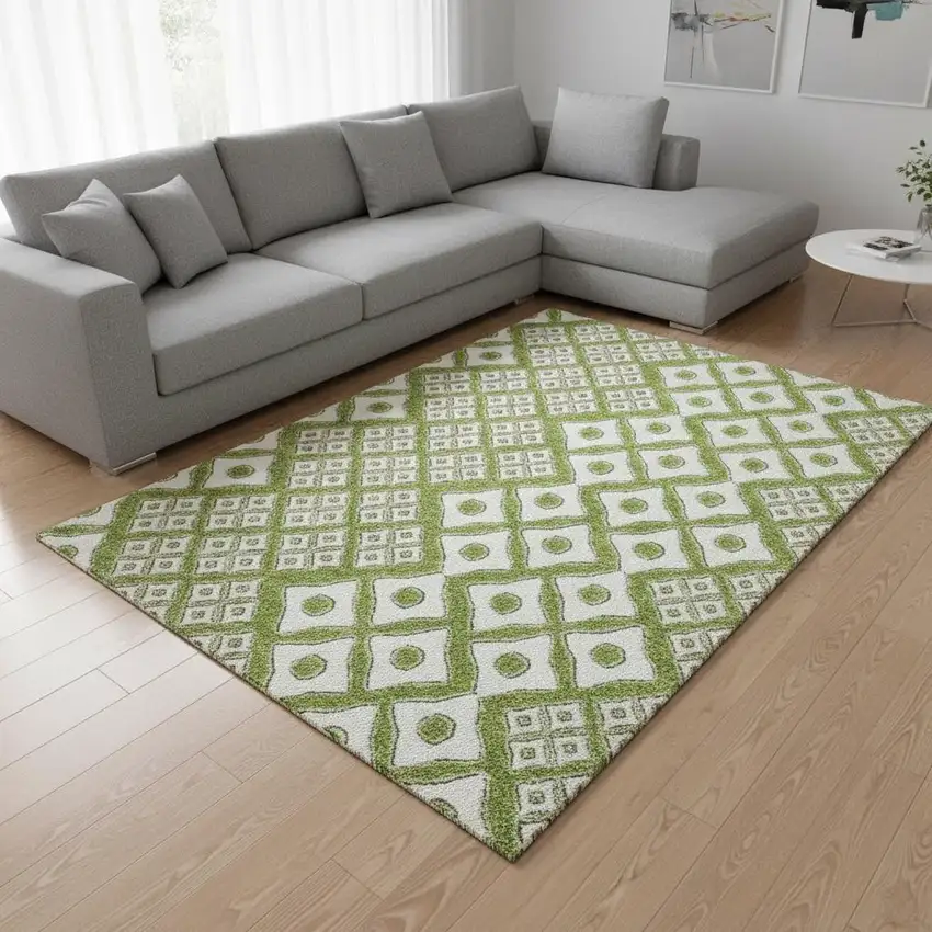 Lime Green And Ivory Geometric Washable Area Rug With UV Protection Photo 1