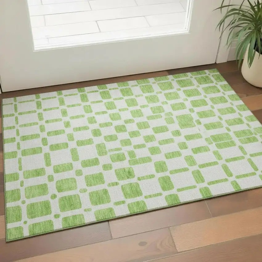 Lime Green And Ivory Geometric Washable Area Rug With UV Protection Photo 1