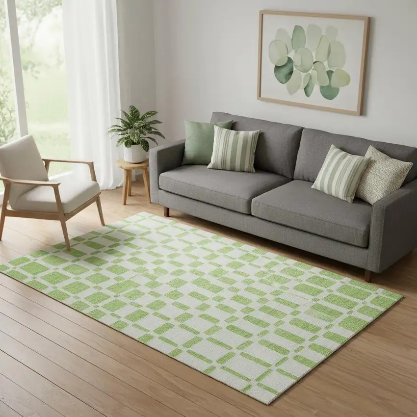 Lime Green And Ivory Geometric Washable Area Rug With UV Protection Photo 1