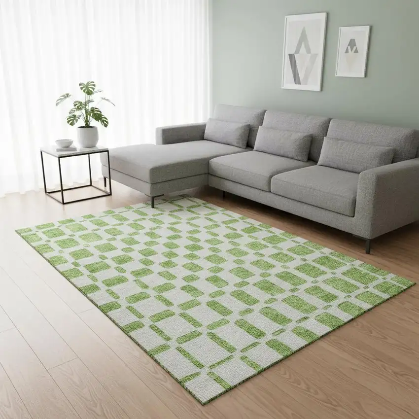 Lime Green And Ivory Geometric Washable Area Rug With UV Protection Photo 2