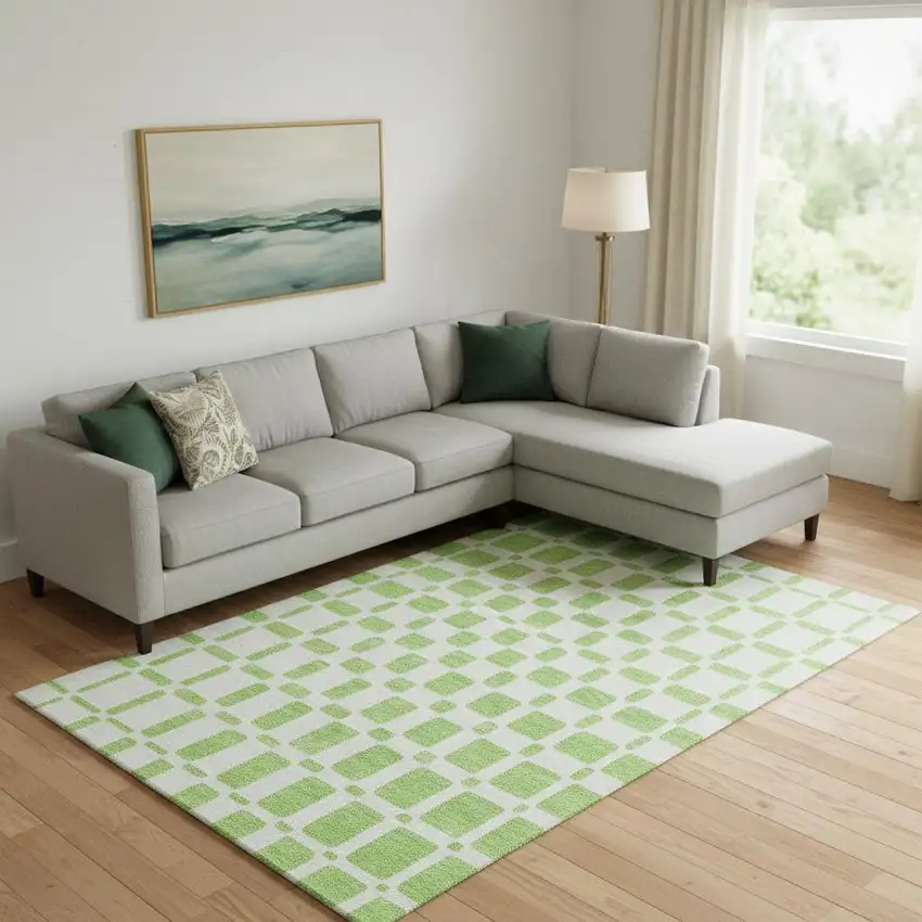 Lime Green And Ivory Geometric Washable Area Rug With UV Protection Photo 1