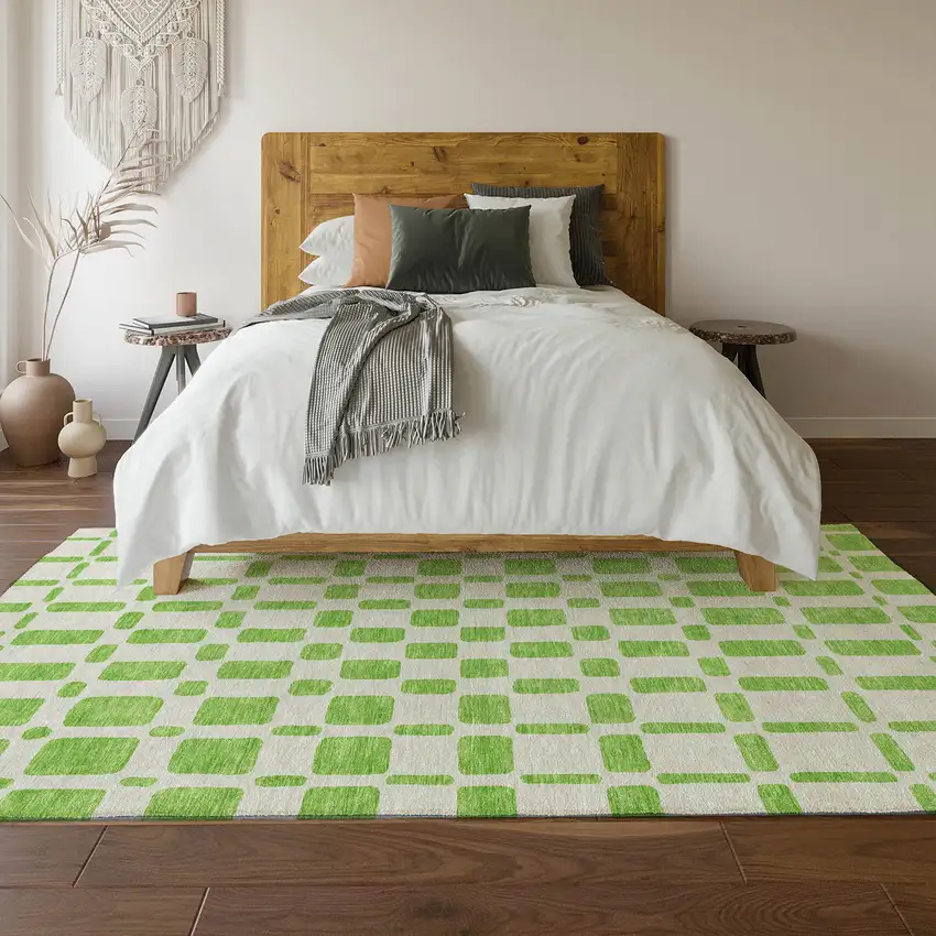 Lime Green And Ivory Geometric Washable Area Rug With UV Protection Photo 6