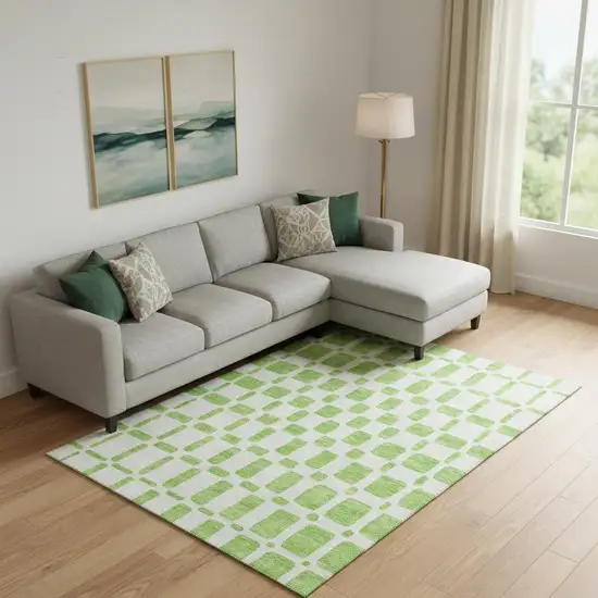 Lime Green And Ivory Geometric Washable Area Rug With UV Protection Photo 1