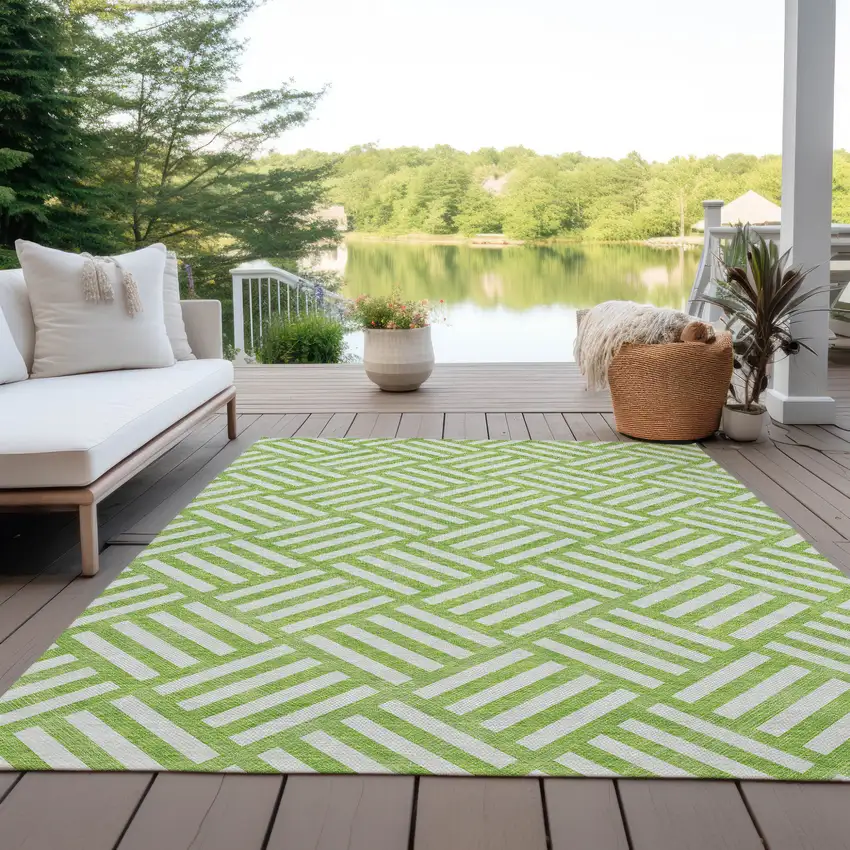 Lime Green And Ivory Geometric Washable Indoor Outdoor Area Rug Photo 9