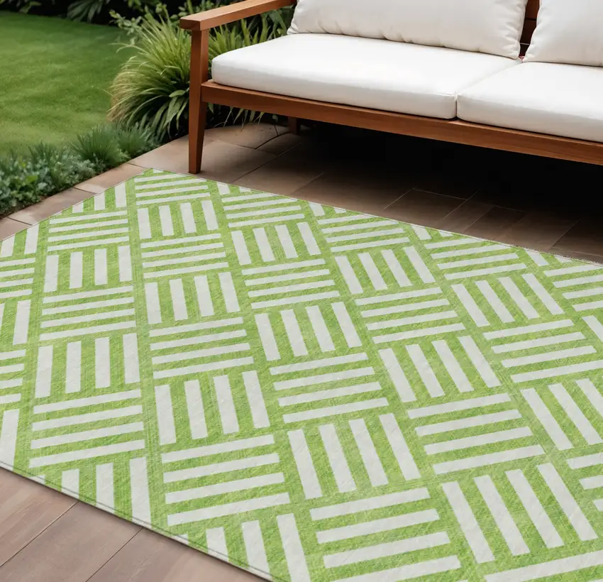 Lime Green And Ivory Geometric Washable Indoor Outdoor Area Rug Photo 1