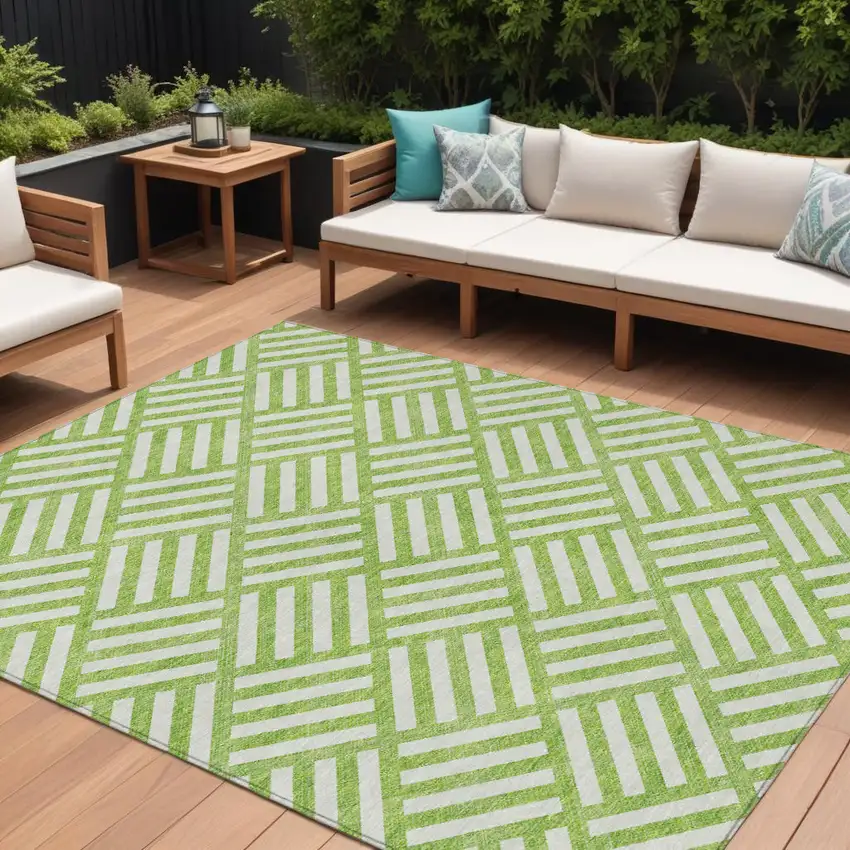Lime Green And Ivory Geometric Washable Indoor Outdoor Area Rug Photo 1