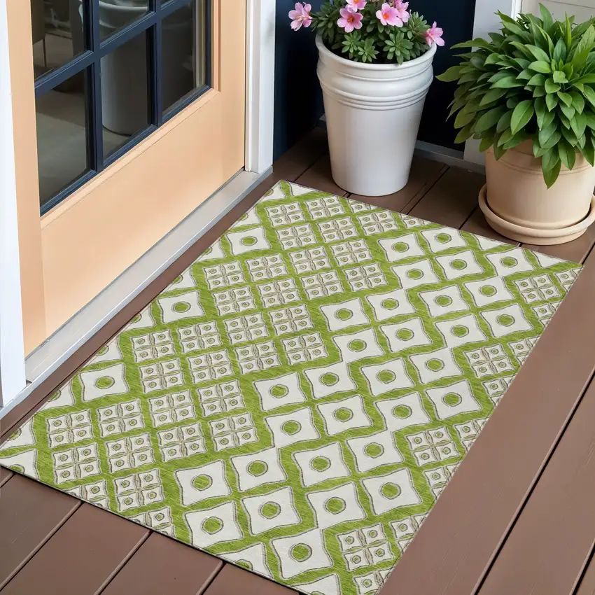 Lime Green And Ivory Geometric Washable Indoor Outdoor Area Rug Photo 1