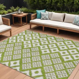 Photo of Lime Green And Ivory Geometric Washable Indoor Outdoor Area Rug