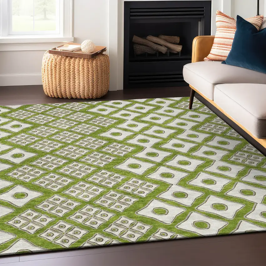 Lime Green And Ivory Geometric Washable Indoor Outdoor Area Rug Photo 9