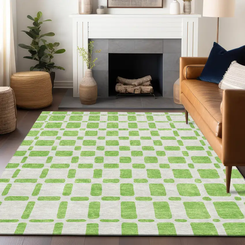 Lime Green And Ivory Geometric Washable Indoor Outdoor Area Rug Photo 9