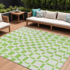 Photo of Lime Green And Ivory Geometric Washable Indoor Outdoor Area Rug