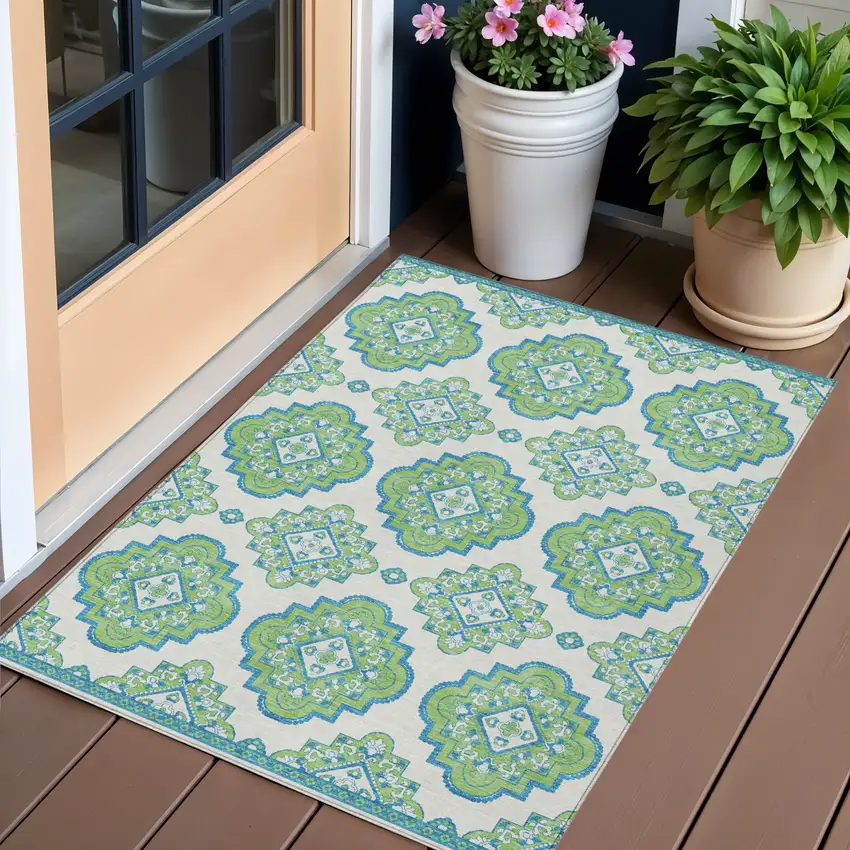 Lime Green And Ivory Medallion Washable Indoor Outdoor Area Rug Photo 1