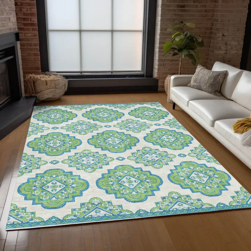 Lime Green And Ivory Medallion Washable Indoor Outdoor Area Rug Photo 9