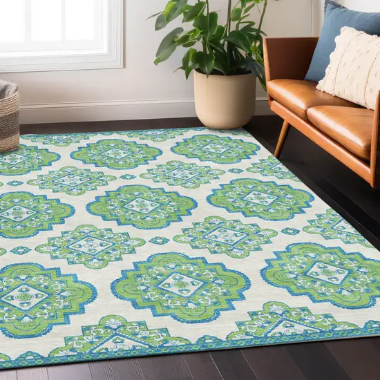 Lime Green And Ivory Medallion Washable Indoor Outdoor Area Rug Photo 9