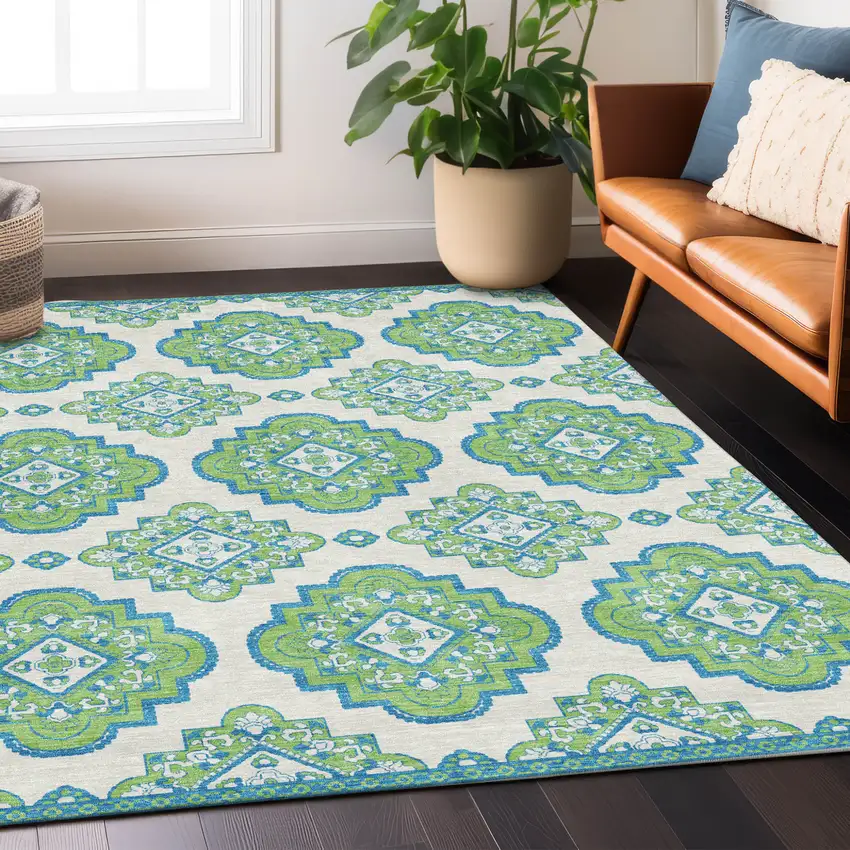 Lime Green And Ivory Medallion Washable Indoor Outdoor Area Rug Photo 9