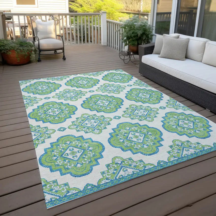 Lime Green And Ivory Medallion Washable Indoor Outdoor Area Rug Photo 8