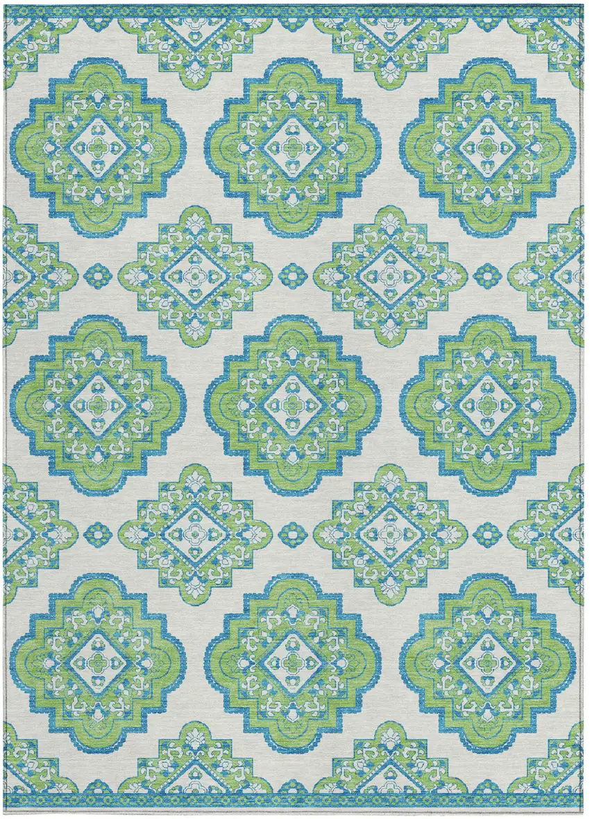 Lime Green And Ivory Medallion Washable Indoor Outdoor Area Rug Photo 7