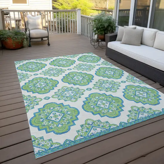 Lime Green And Ivory Medallion Washable Indoor Outdoor Area Rug Photo 8
