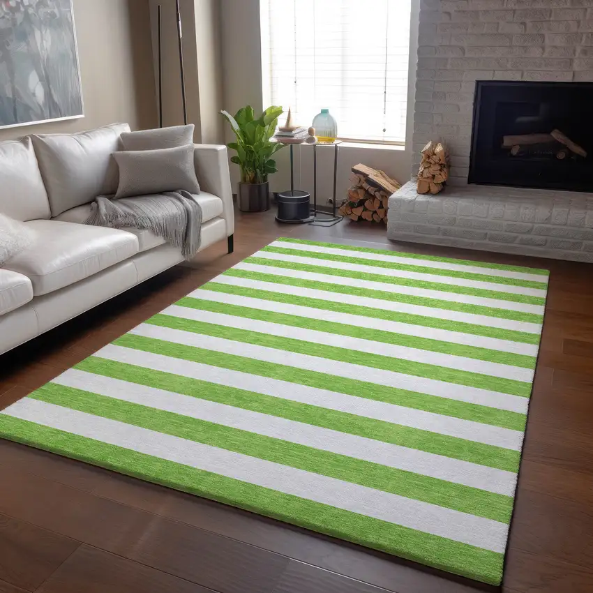 Lime Green And Ivory Striped Washable Area Rug With UV Protection Photo 5