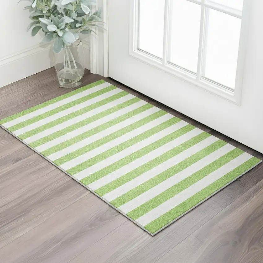 Lime Green And Ivory Striped Washable Area Rug With UV Protection Photo 2