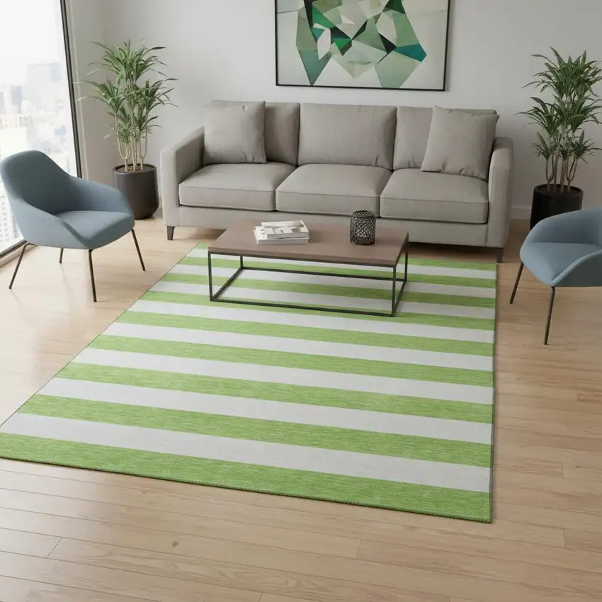 Lime Green And Ivory Striped Washable Area Rug With UV Protection Photo 2