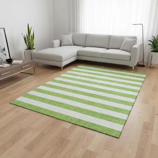 Lime Green And Ivory Striped Washable Area Rug With UV Protection Photo 2