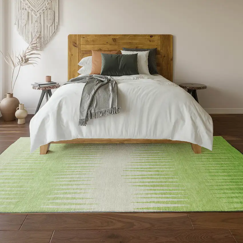 Lime Green And Ivory Striped Washable Area Rug With UV Protection Photo 5