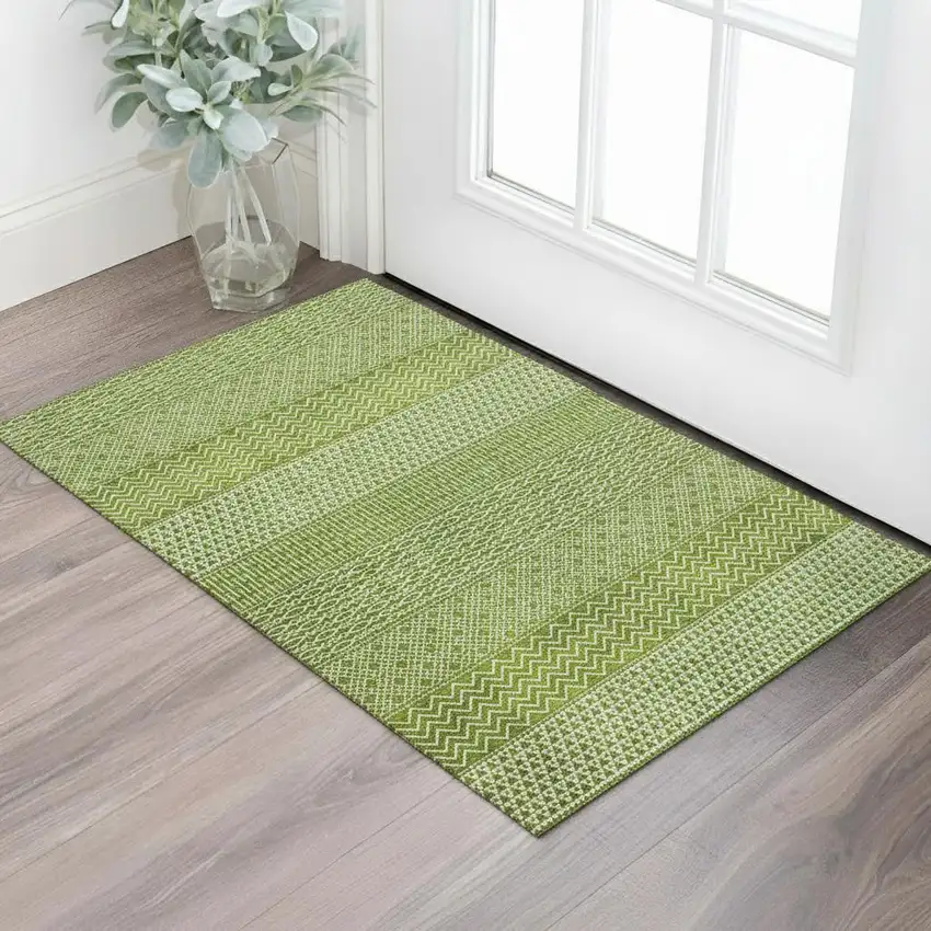 Lime Green And Ivory Striped Washable Area Rug With UV Protection Photo 1