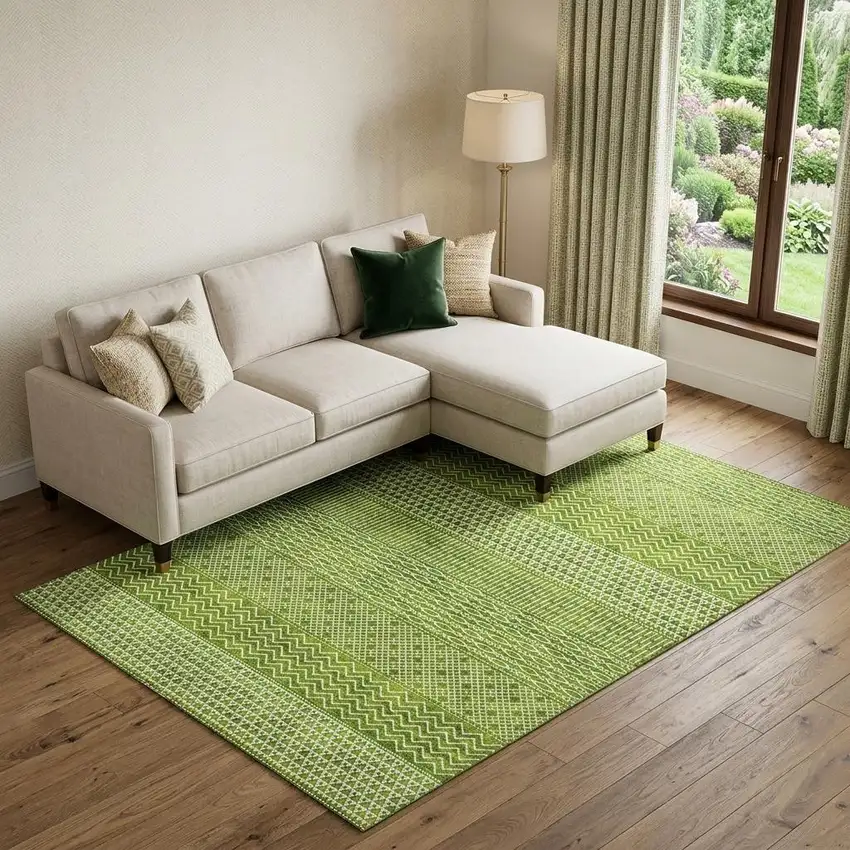 Lime Green And Ivory Striped Washable Area Rug With UV Protection Photo 1