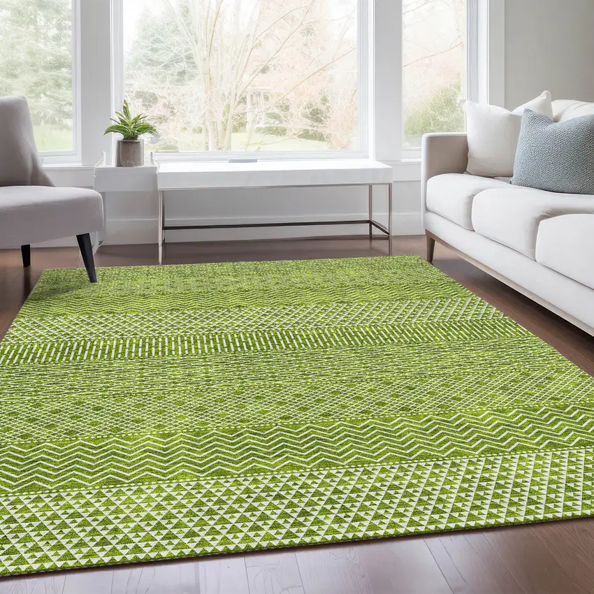 Lime Green And Ivory Striped Washable Area Rug With UV Protection Photo 6