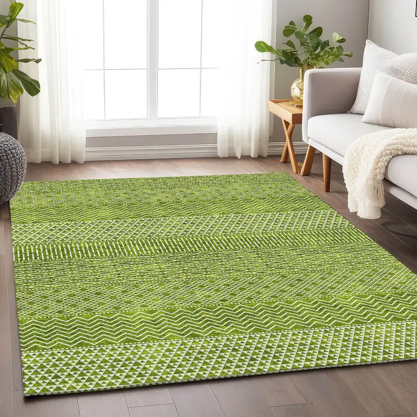 Lime Green And Ivory Striped Washable Area Rug With UV Protection Photo 4