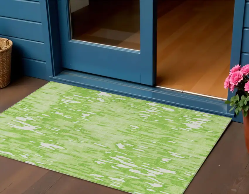 Lime Green And Ivory Striped Washable Indoor Outdoor Area Rug Photo 1