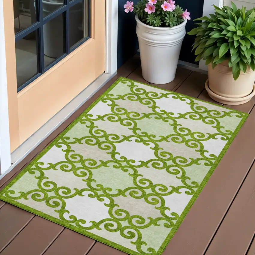 Lime Green And Ivory Trellis Washable Indoor Outdoor Area Rug Photo 1