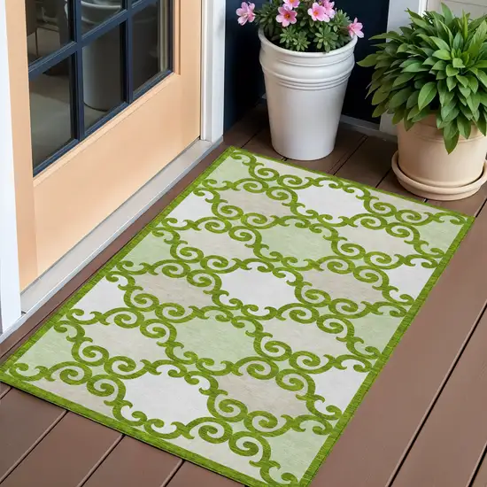 Lime Green And Ivory Trellis Washable Indoor Outdoor Area Rug Photo 1